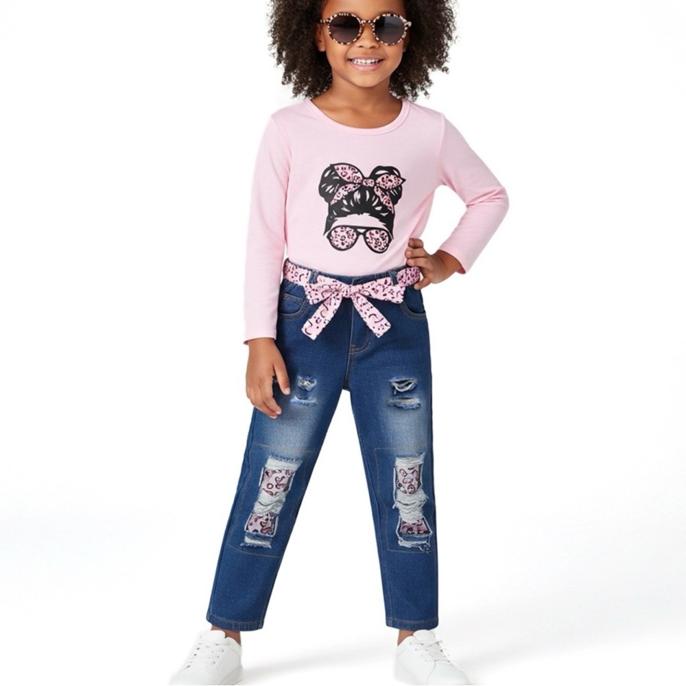 Infant 18/24. 2picee set leopard print with pink long sleeve shirt, blue pants